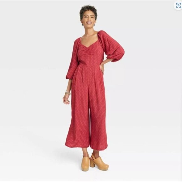 Knox Rose XS Puff 3/4 Sleeve Loose Casual Jumpsuit Straight Fit Red Dot Wide Leg - Picture 3 of 7